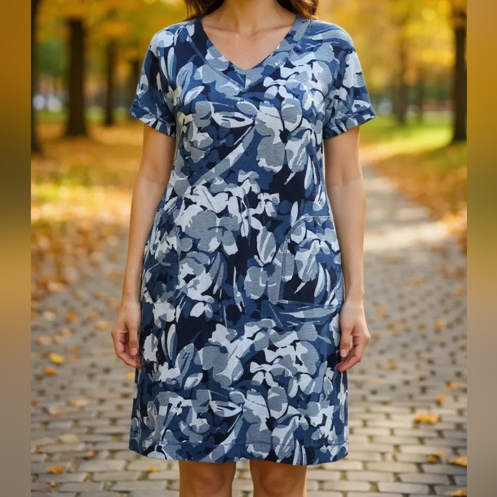 Chico's - NWT, Shift Dress W/ Short Sleeves, V-Neck, Blue Floral Design, Size 0